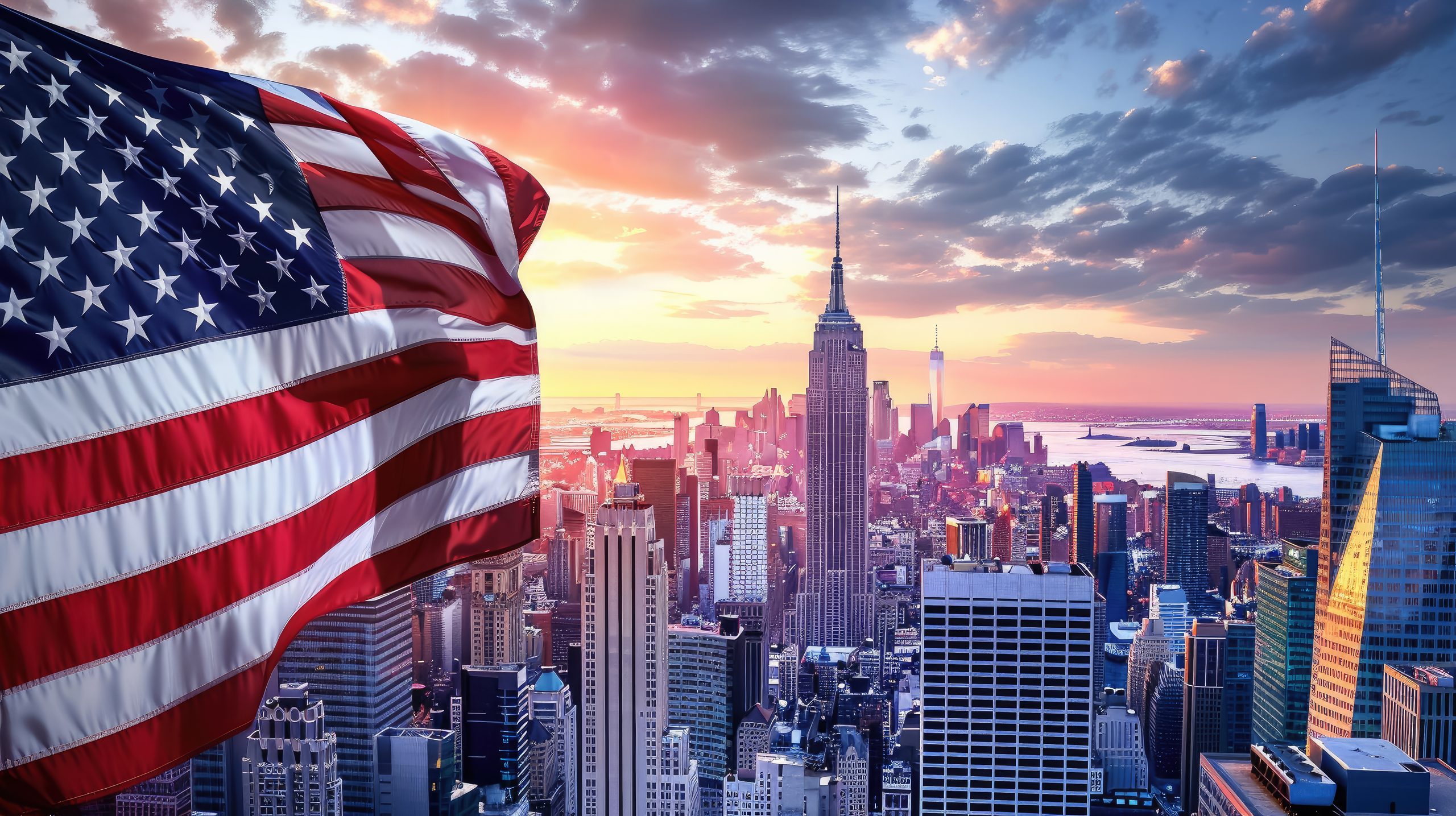 American flag billowing over New York City skyline at sunset, with tall skyscrapers and a colorful sky in the background.
